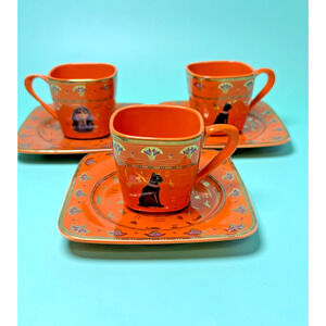 Fathy Mahmoud Egyptian Tableware Orange Cups & Saucers Tutankhamun Bastet Lotus